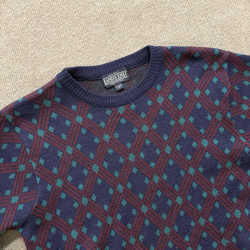 Lands End Sweater Ladies Small Blue Red Argyle Nordic Fair Isle 100% Wool